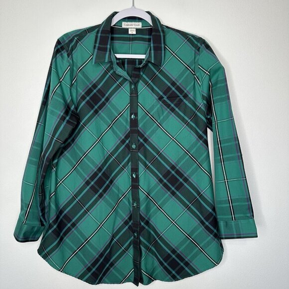 Coldwater Creek Button Up Shirt Size PL Green Plaid Preppy Office Cotton - Picture 1 of 9